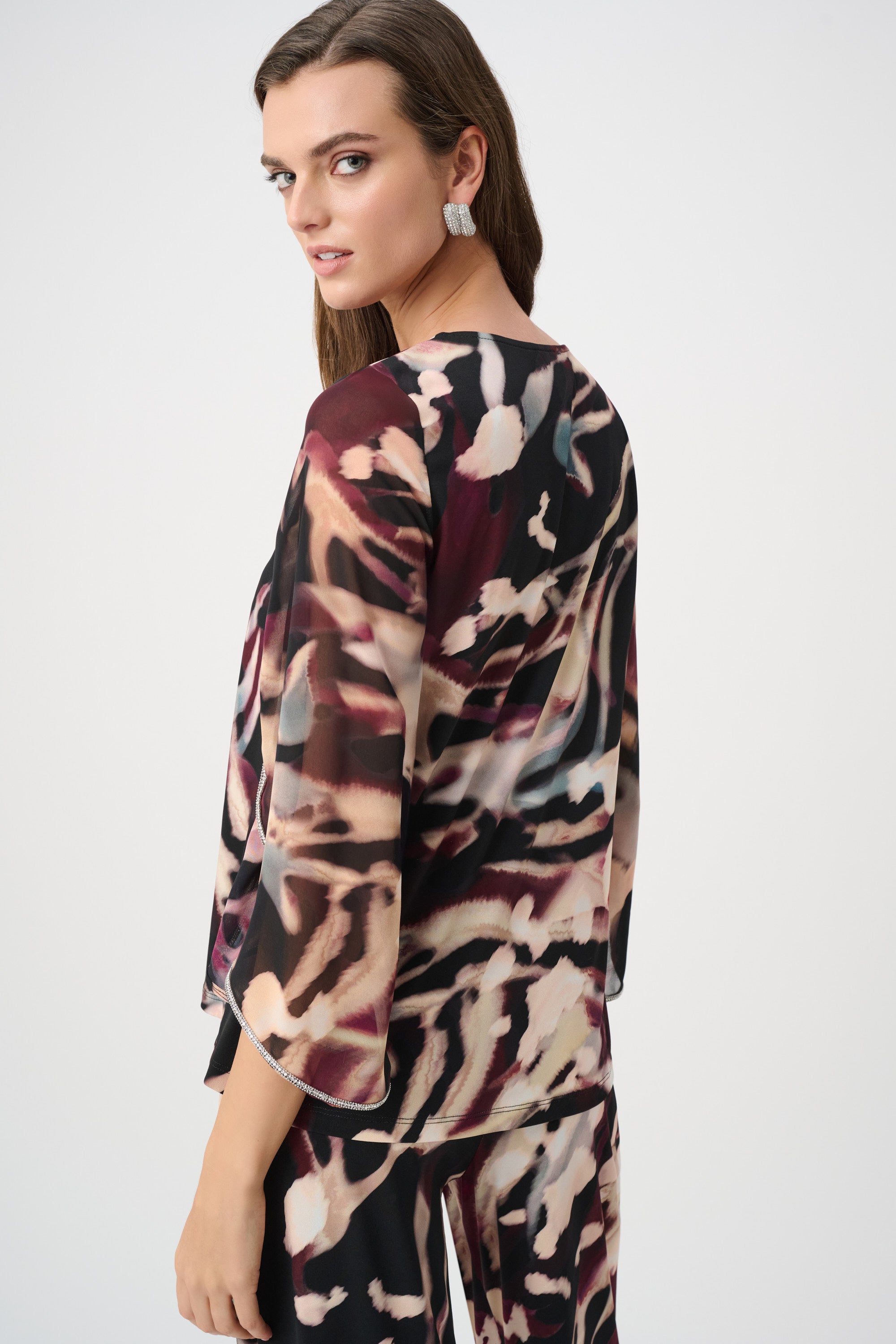 Joseph Ribkoff Signature | Silky Knit And Chiffon Abstract Print Top With Rhinestone Trim 263757