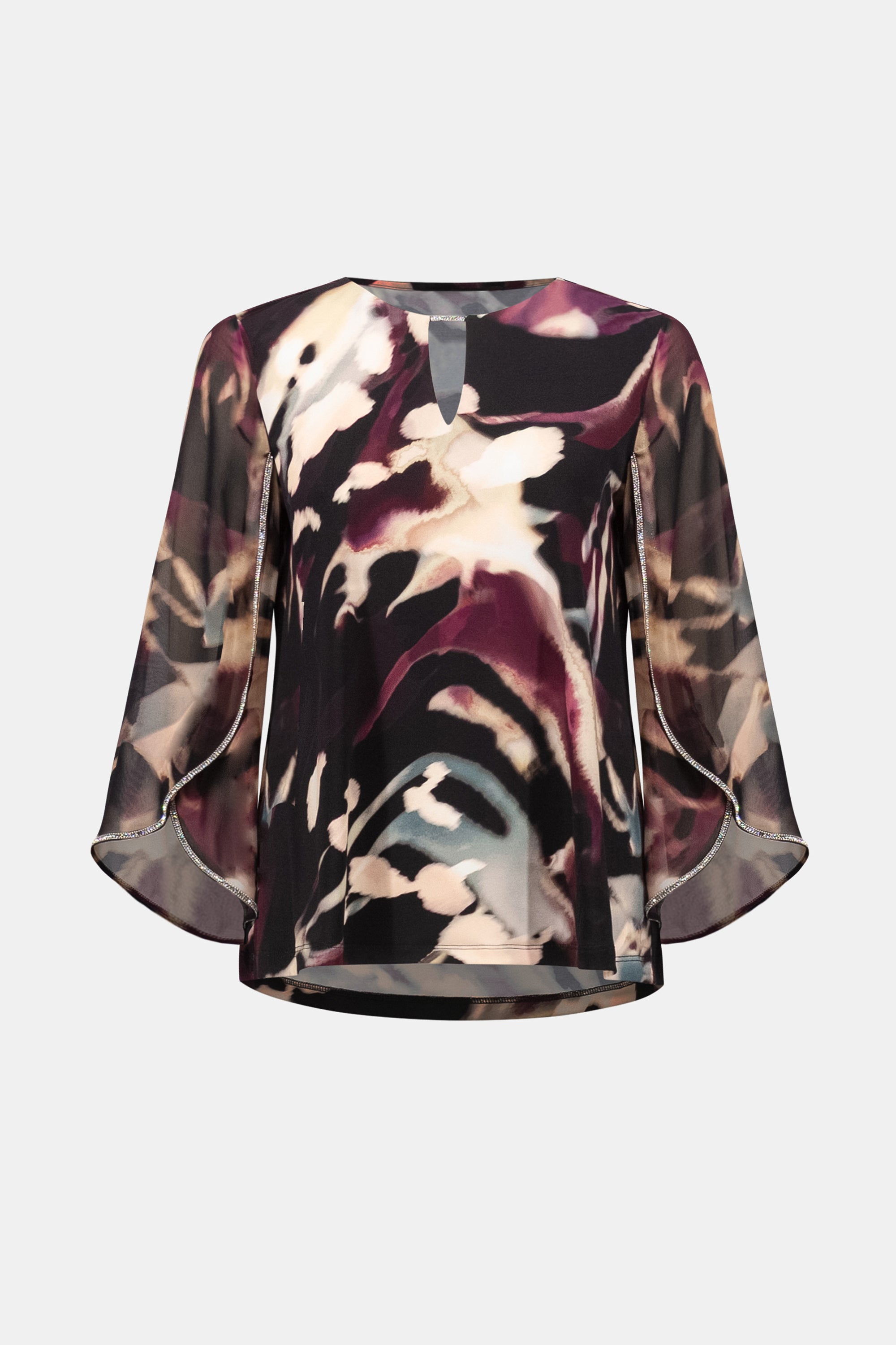 Joseph Ribkoff Signature | Silky Knit And Chiffon Abstract Print Top With Rhinestone Trim 263757