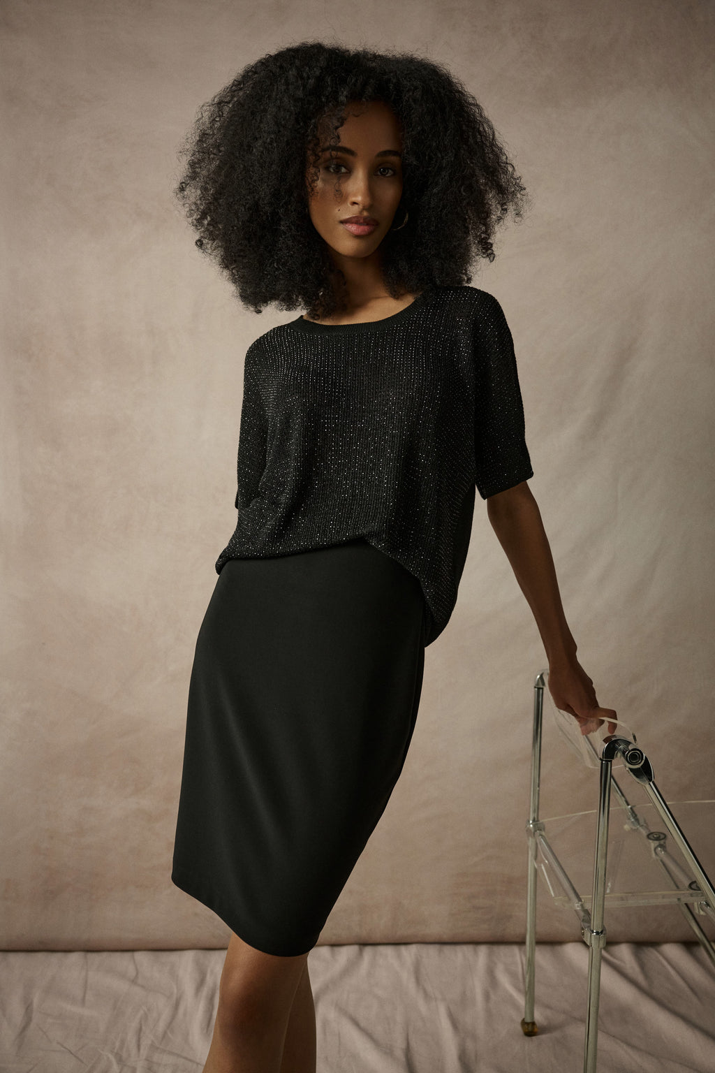 Joseph Ribkoff Metallic Knitted T-shirt with Rhinestones 263900CO