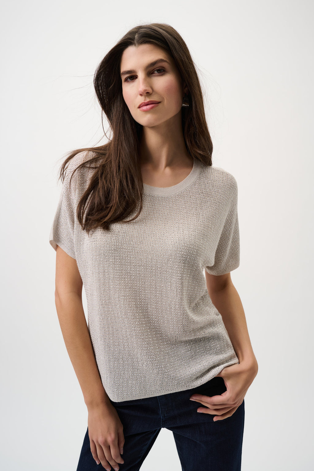 Joseph Ribkoff Metallic Knitted T-shirt with Rhinestones 263900CO