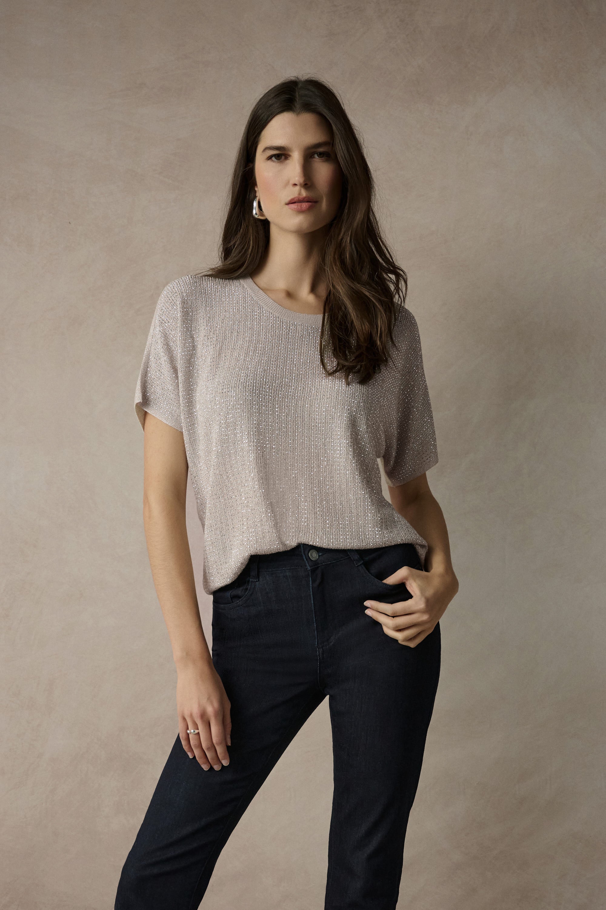 Joseph Ribkoff Metallic Knitted T-shirt with Rhinestones 263900CO
