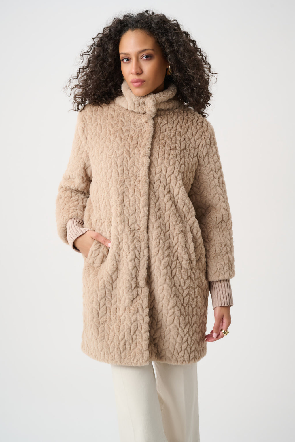 Joseph Ribkoff Textured Faux Fur Mock-Neck Coat 263915