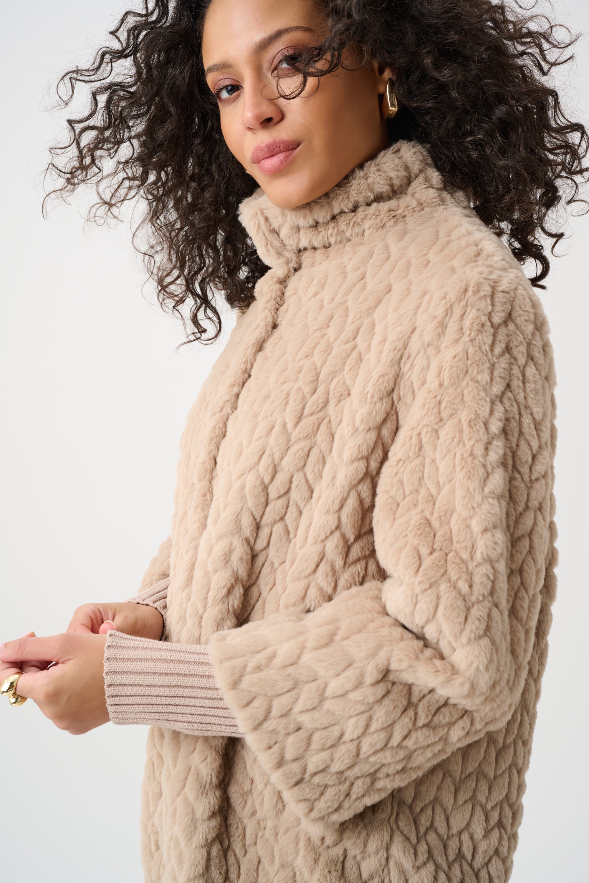 Joseph Ribkoff Textured Faux Fur Mock-Neck Coat 263915