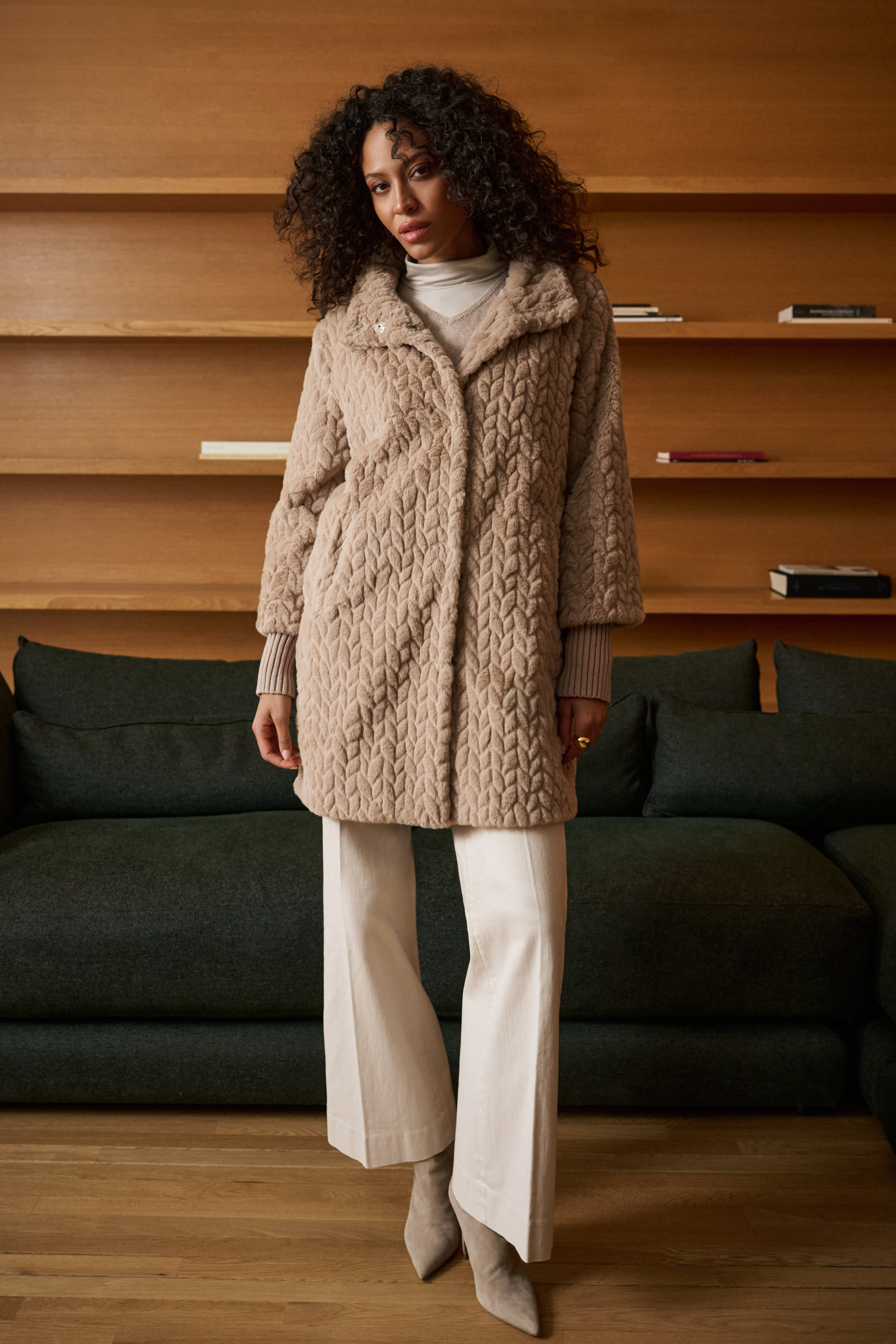 Joseph Ribkoff Textured Faux Fur Mock-Neck Coat 263915