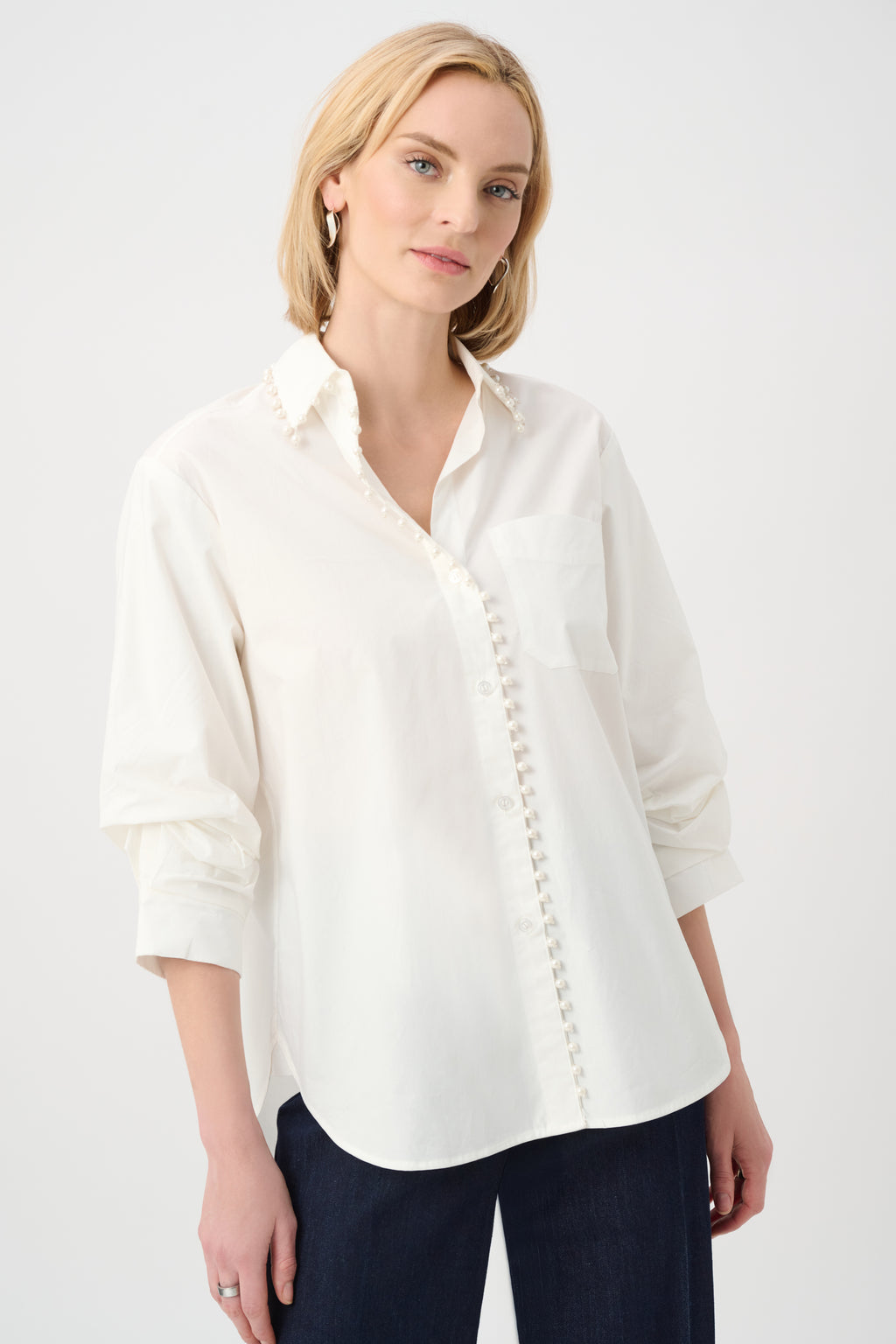 Joseph Ribkoff Cotton Poplin Pearl Trim Boxy Blouse 263923