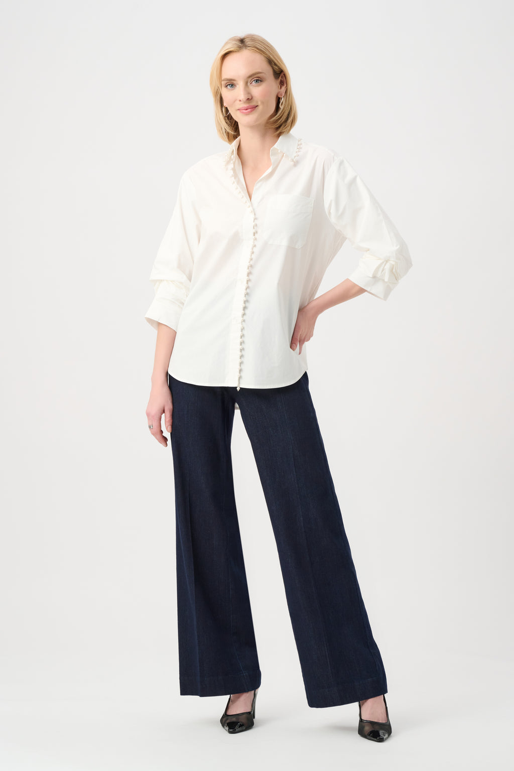 Joseph Ribkoff Cotton Poplin Pearl Trim Boxy Blouse 263923