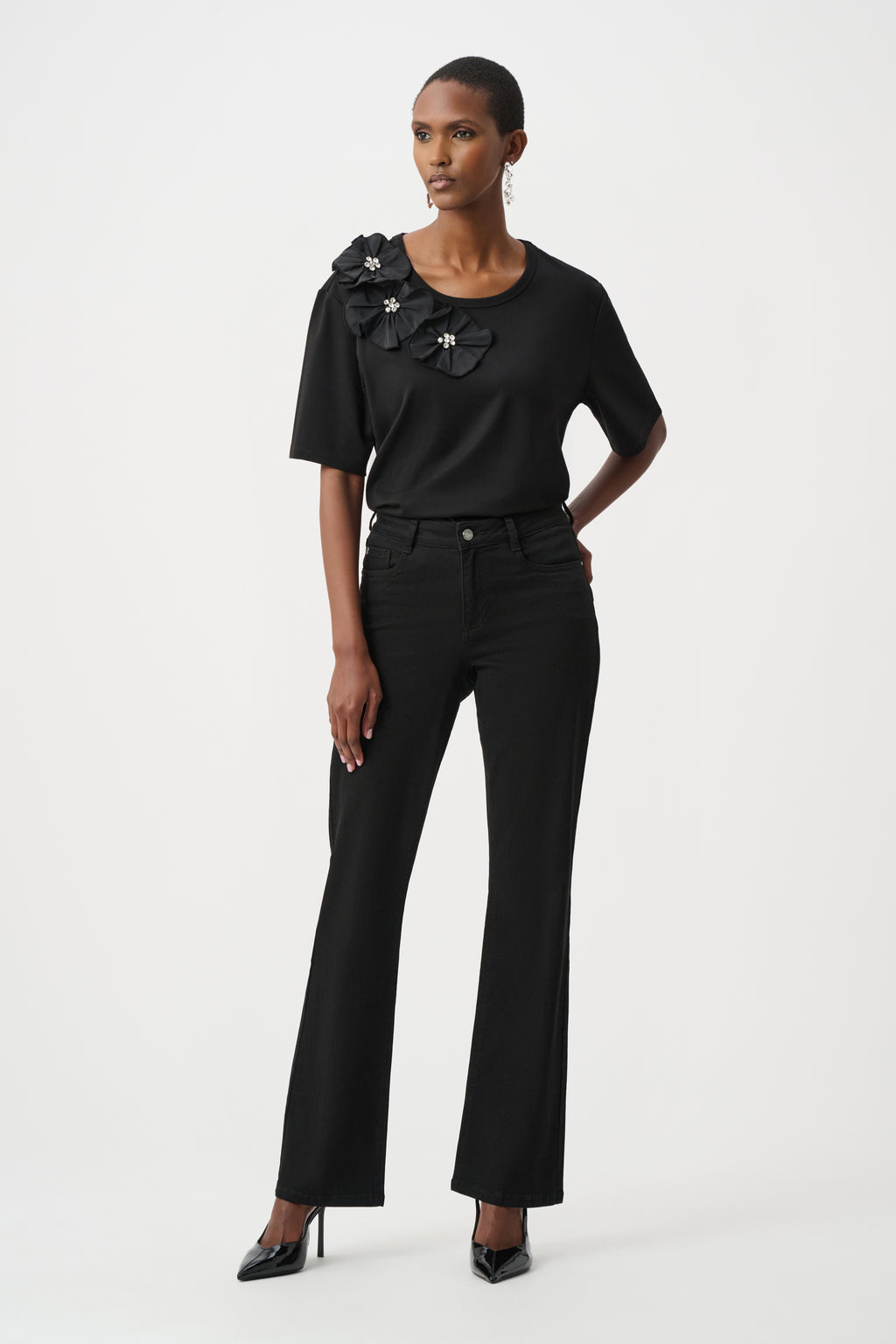 Joseph Ribkoff Rayon and Nylon T-Shirt With Memory Flower Detail 263925