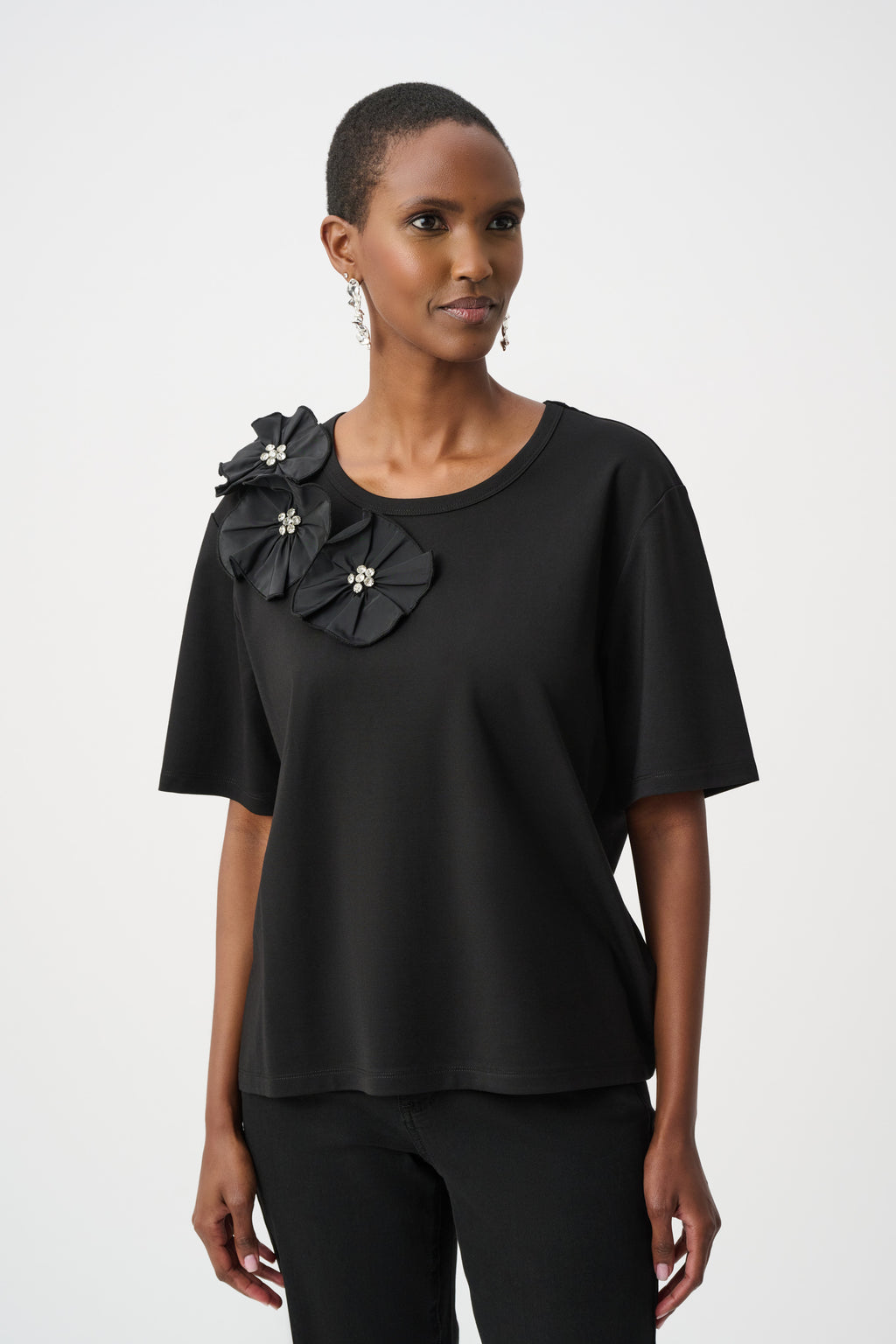 Joseph Ribkoff Rayon and Nylon T-Shirt With Memory Flower Detail 263925