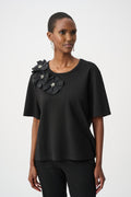 Joseph Ribkoff Rayon and Nylon T-Shirt With Memory Flower Detail 263925