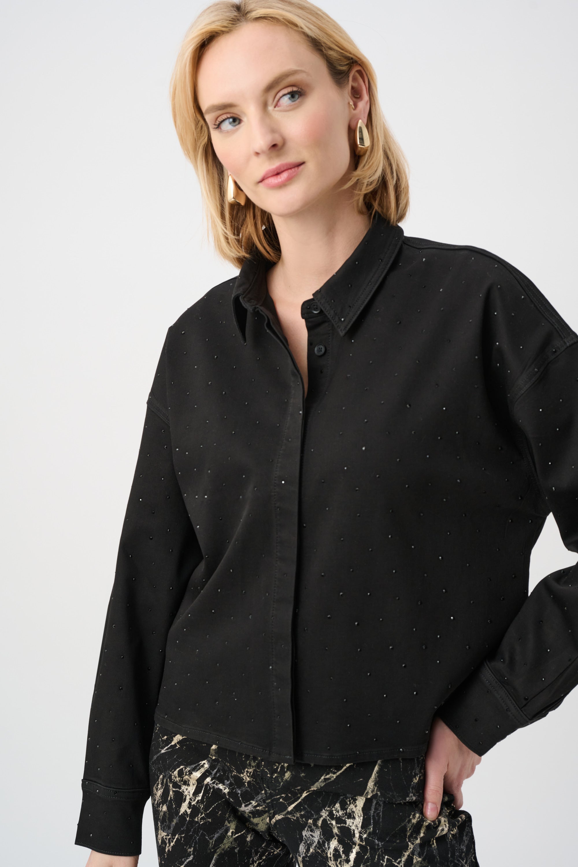 Joseph Ribkoff Featherweave Denim Cropped Blouse With Rhinestone Detail 263965
