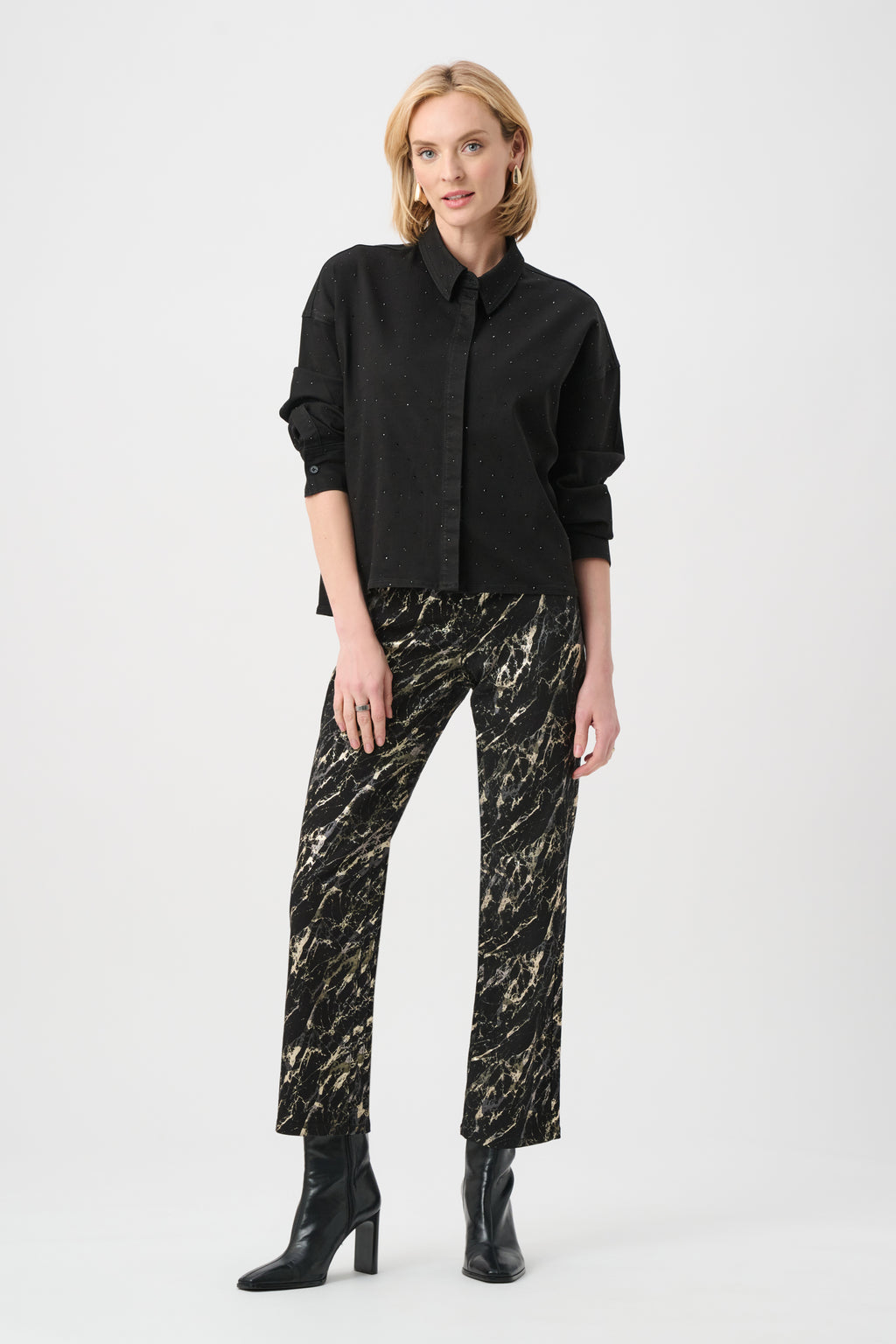 Joseph Ribkoff Featherweave Denim Cropped Blouse With Rhinestone Detail 263965