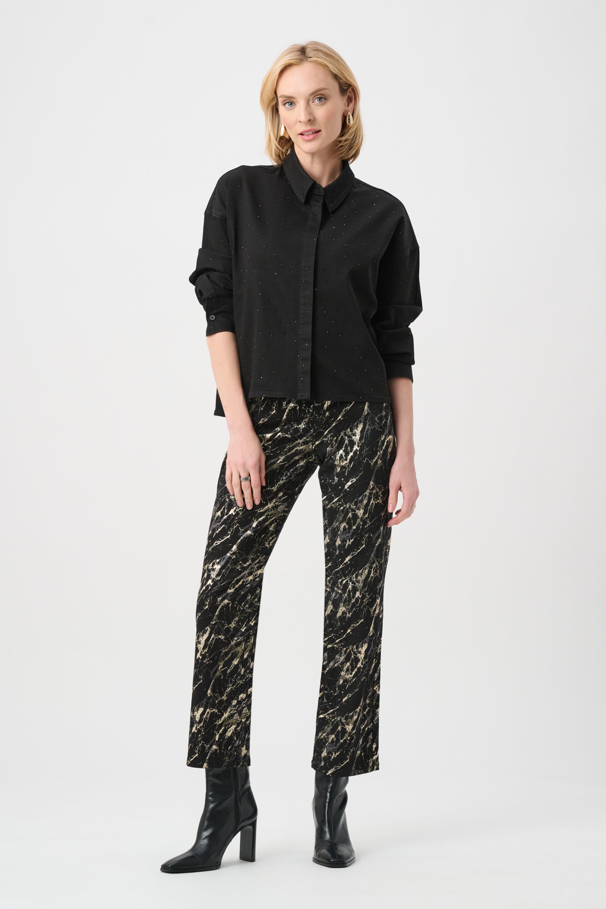 Joseph Ribkoff Featherweave Denim Cropped Blouse With Rhinestone Detail 263965