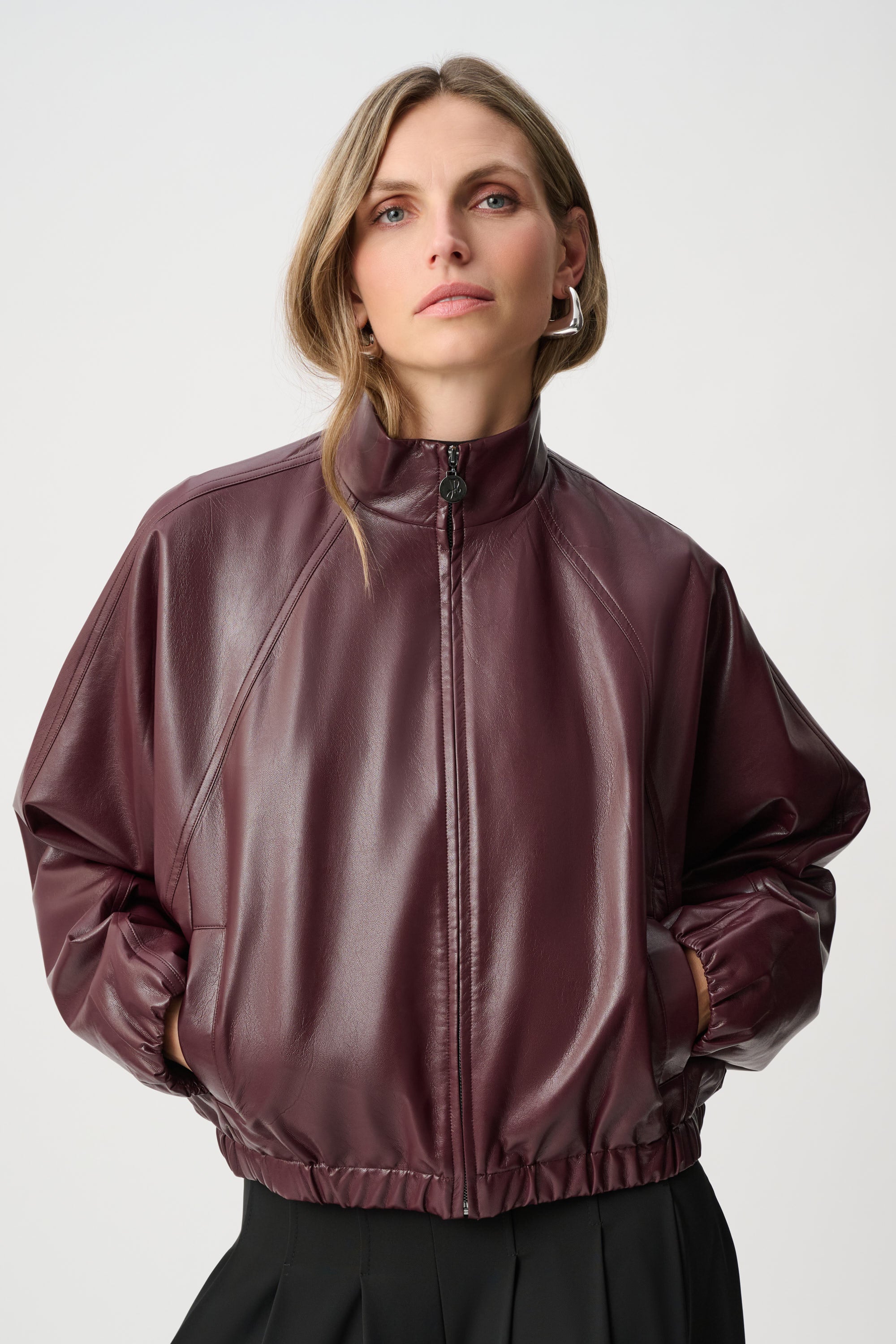 Joseph Ribkoff Leatherette Mock-Neck Bomber Jacket 263971