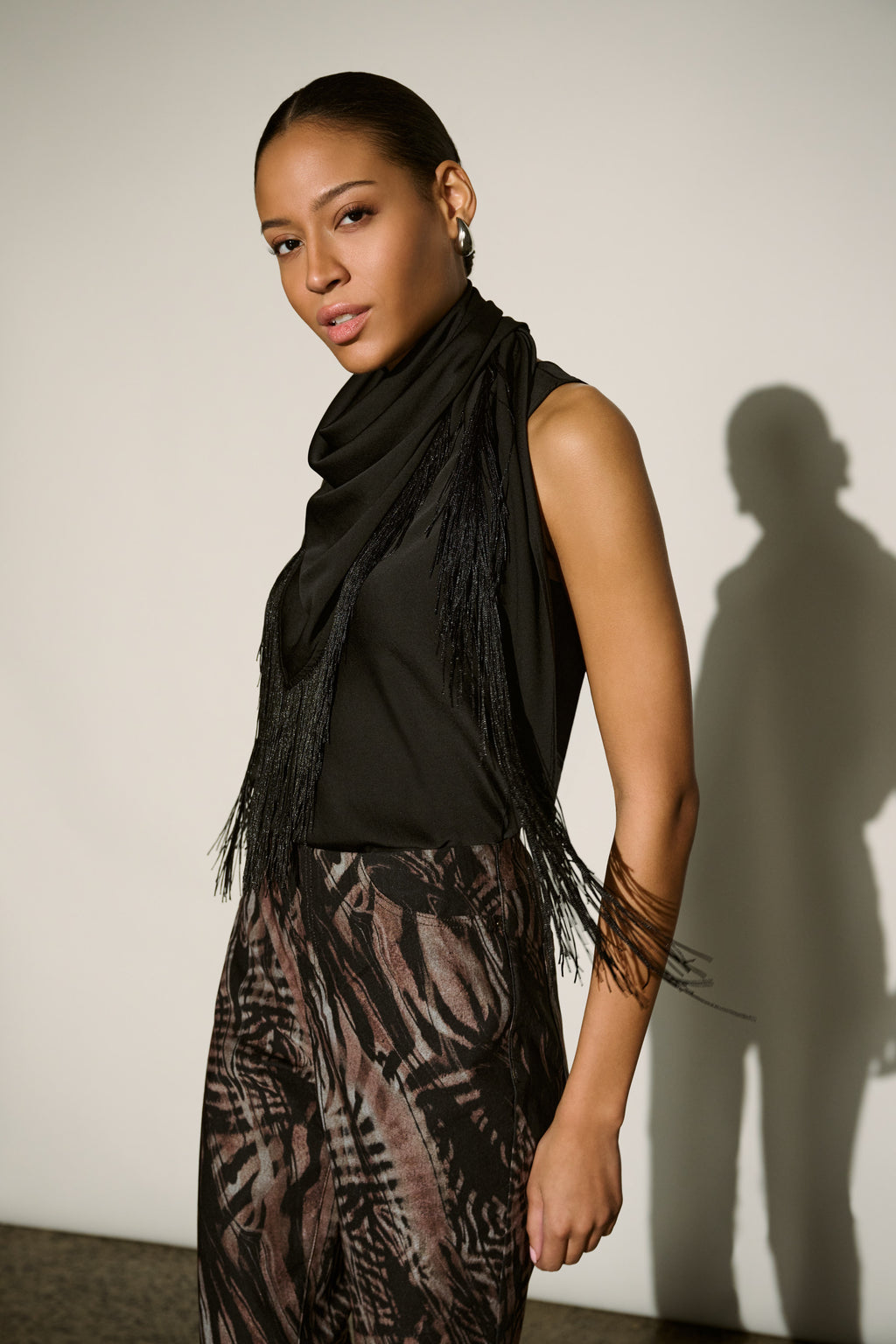 Joseph Ribkoff Fringed Recycled Satin Scarf Top 264147