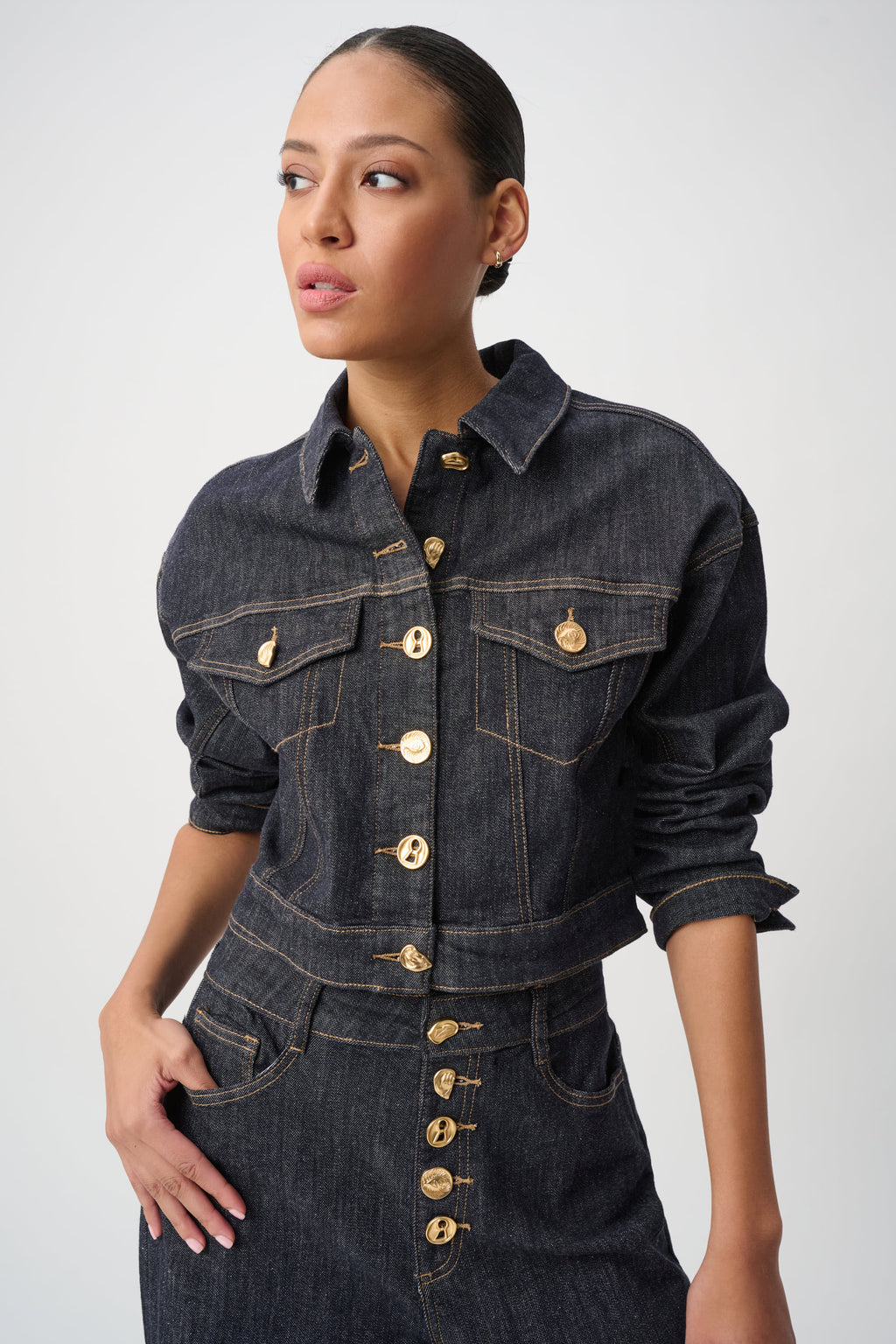 Joseph Ribkoff Statement Button Cropped Denim Jacket 264900