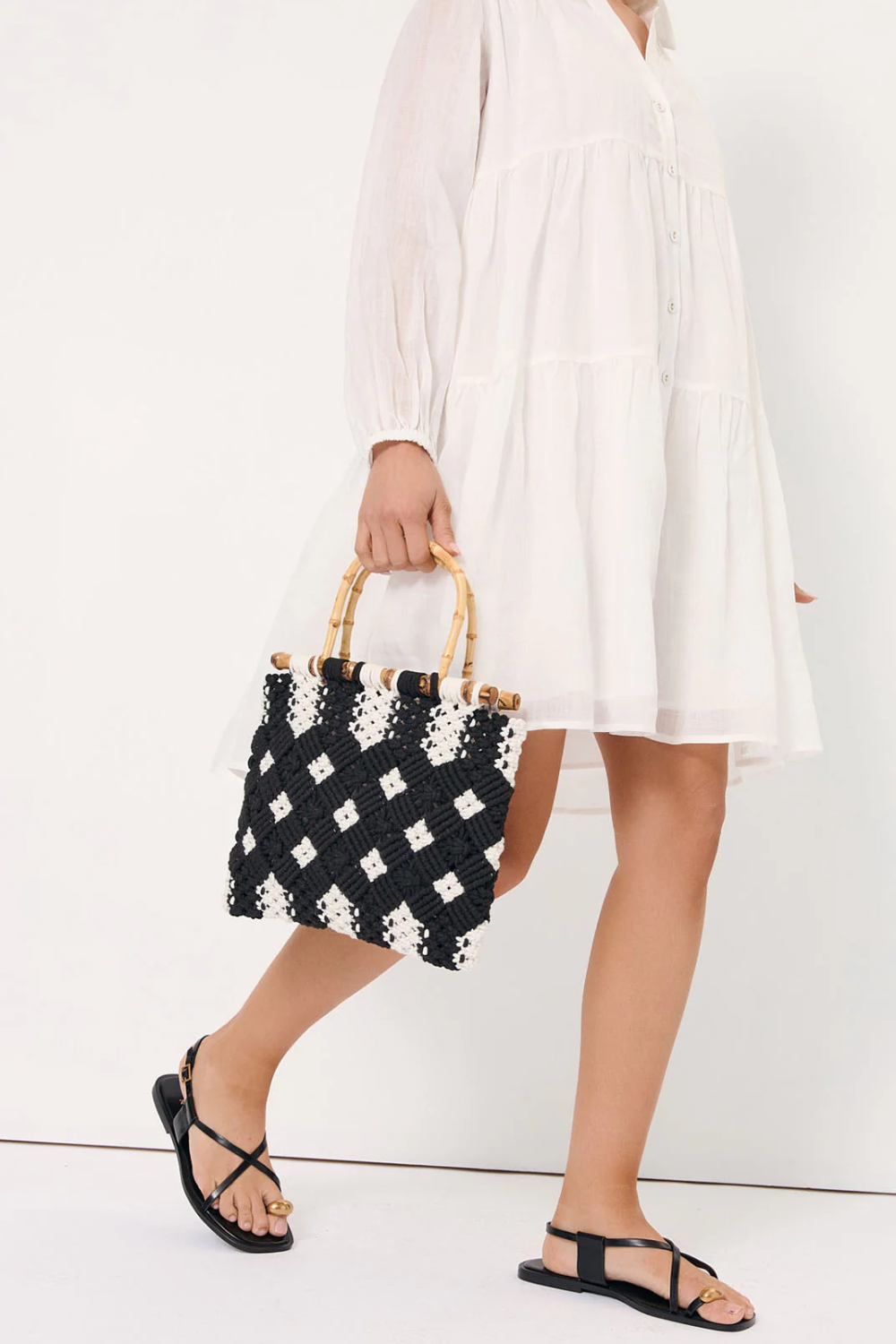 Adorne Brittney Crochet Bamboo Handle Bag - Black/Cream AXD1952