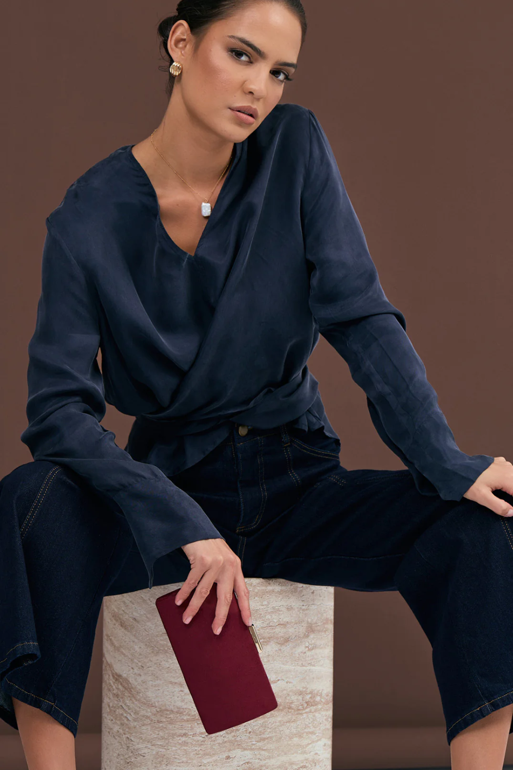 Adorne Clea Faux Suede Structured Clutch - Burgundy AVD1746