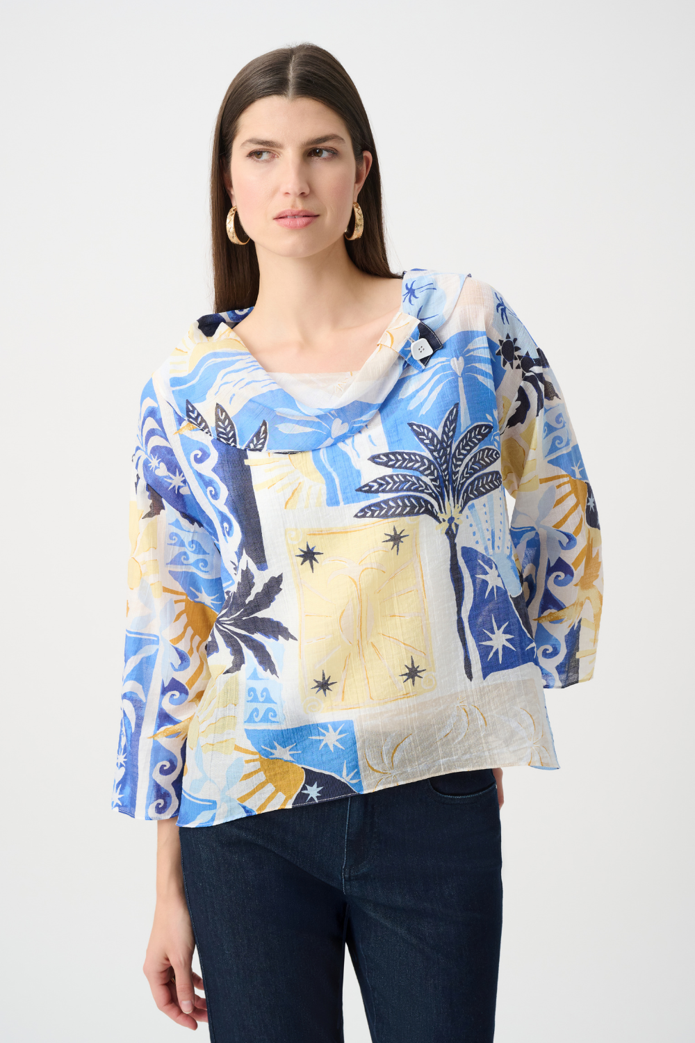 Joseph Ribkoff Sheer Woven Tropical Print Boxy Top With Cowl Neck 262151