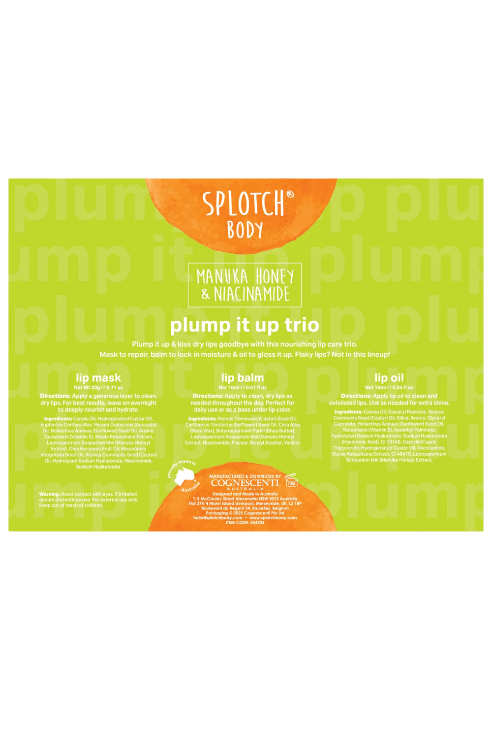 Splotch Body Plump It Up Lip Care Trio Manuka Honey & Niacinamide