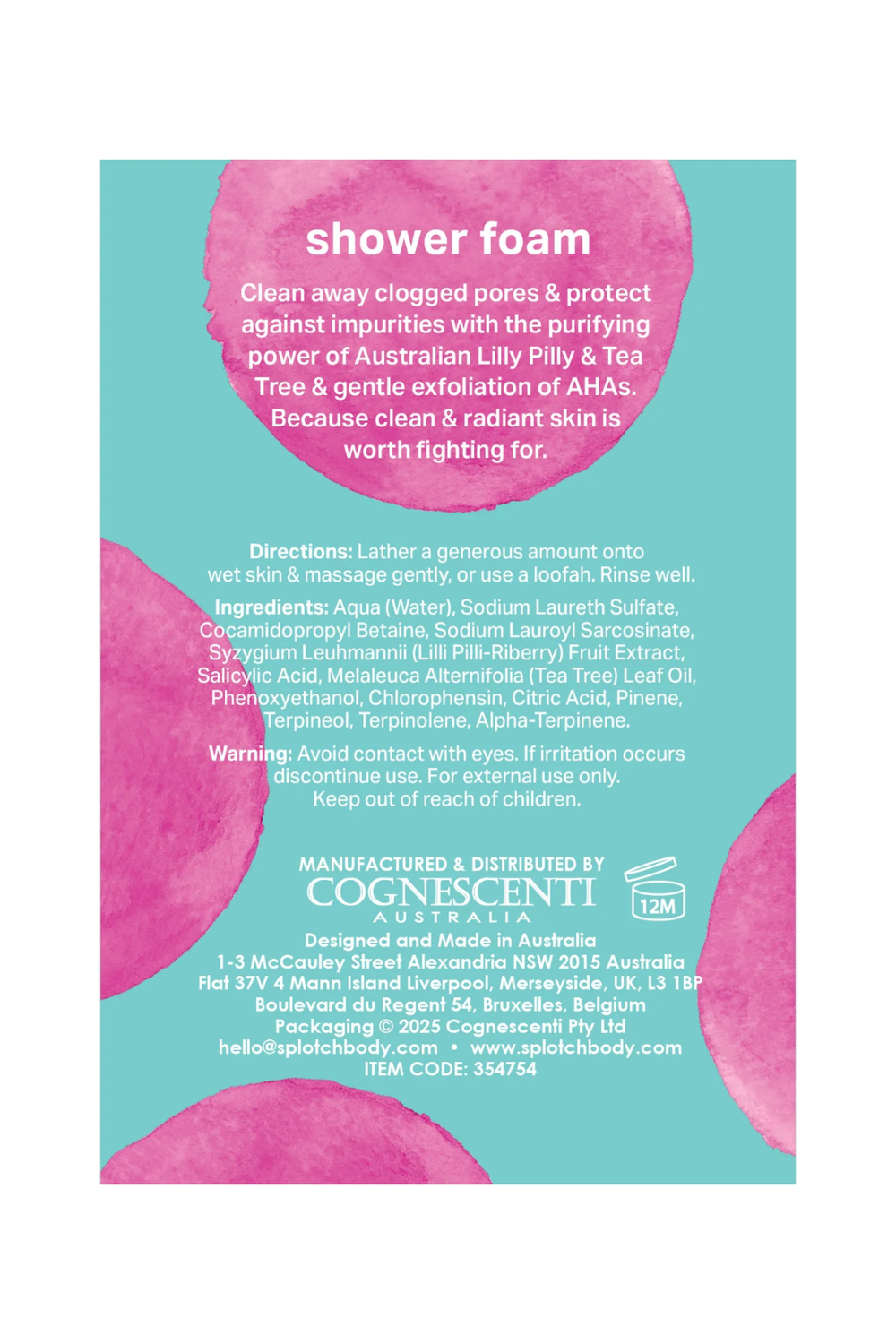 Splotch Body Lilly Pilly Tea Tree & AHA Purely Clean Shower Foam 500ml