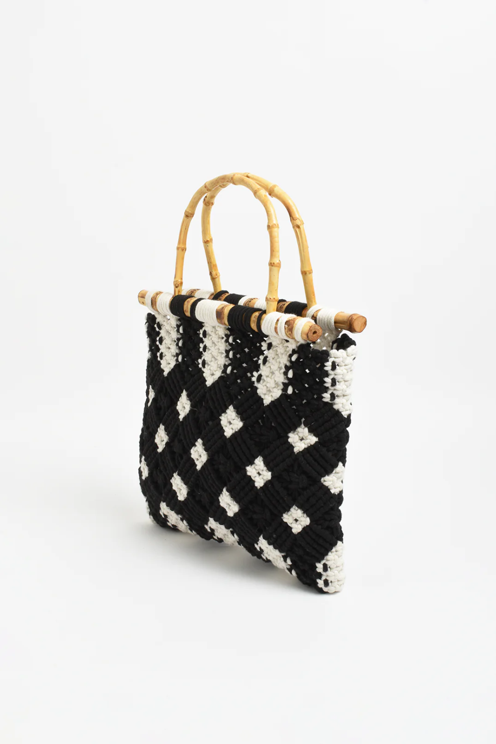 Adorne Brittney Crochet Bamboo Handle Bag - Black/Cream AXD1952