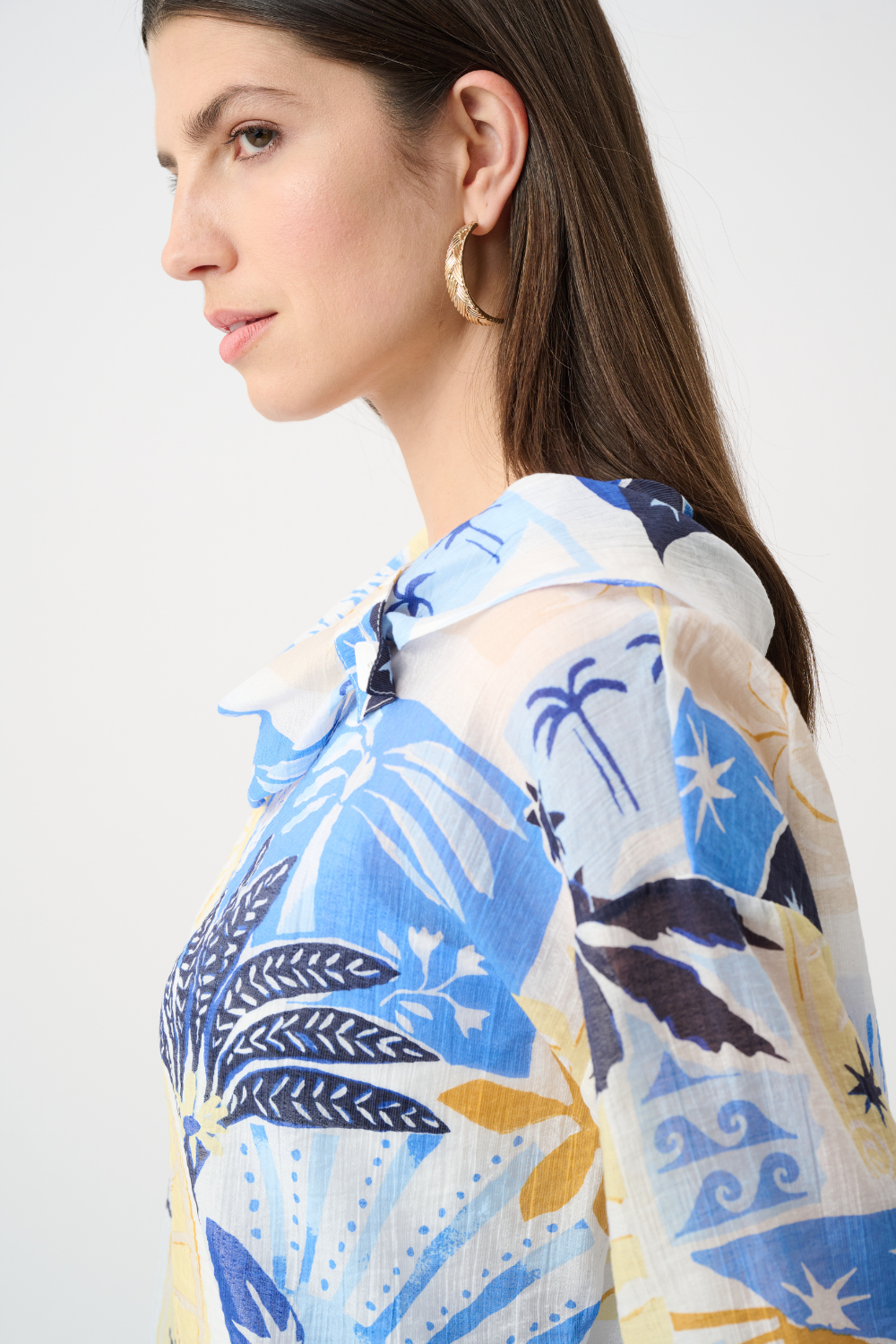 Joseph Ribkoff Sheer Woven Tropical Print Boxy Top With Cowl Neck 262151