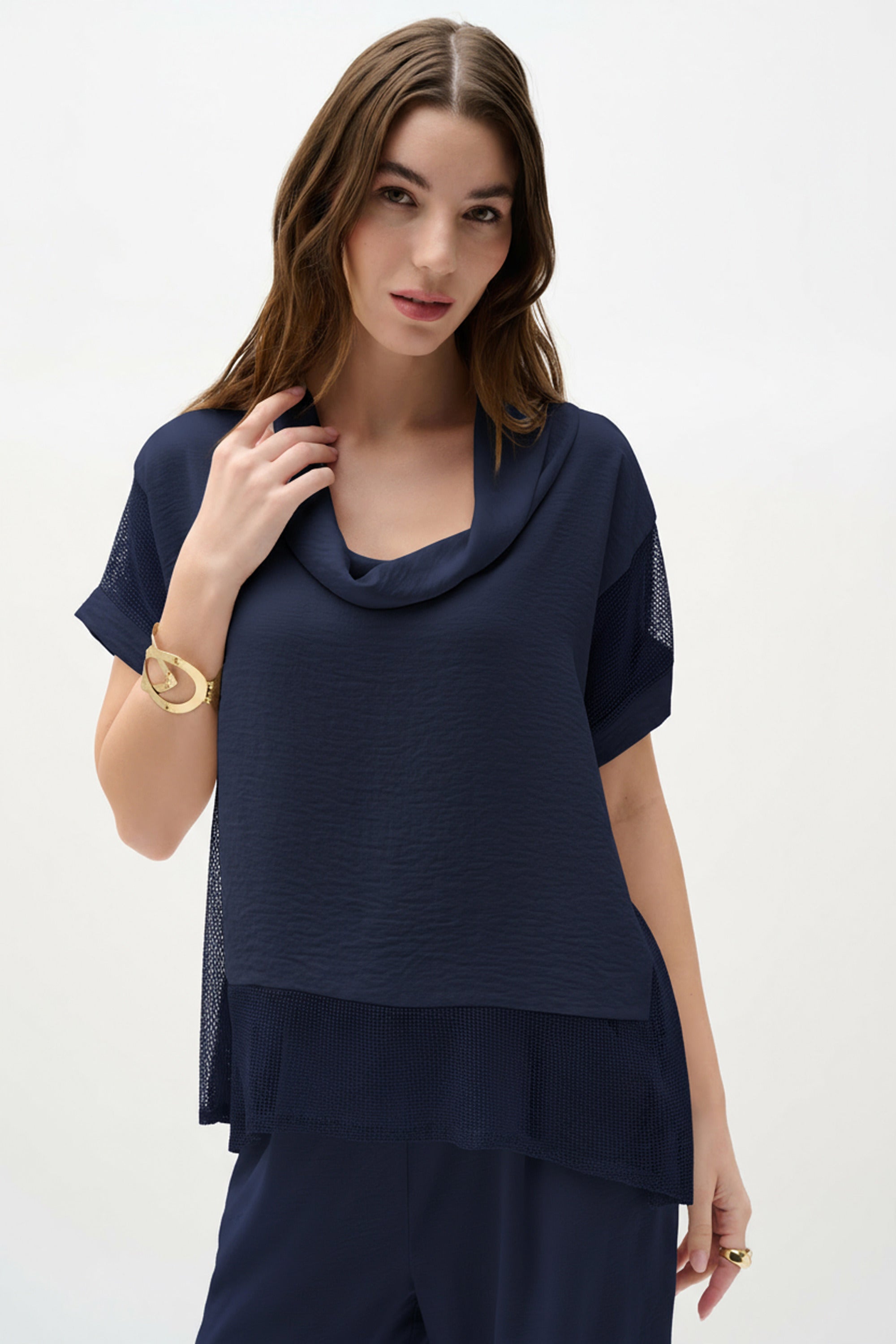 Joseph Ribkoff Woven Gauze And Mesh Boxy Top With Cowl Collar 262045