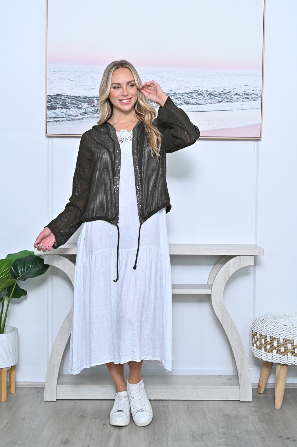 AE Luxe Sequins Front Seam Cotton Net Cardigan AE343