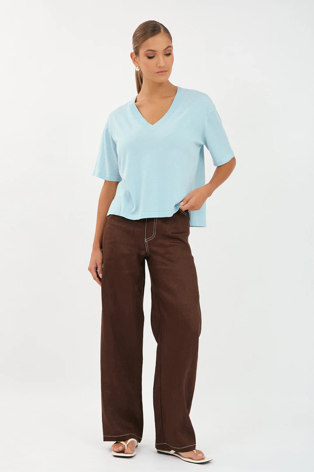 Adorne Laney Short Sleeve V Neck Light Weight Knit Top AJD1901