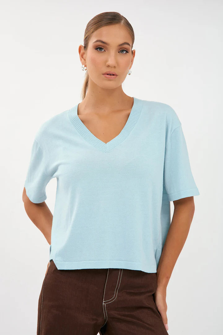 Adorne Laney Short Sleeve V Neck Light Weight Knit Top AJD1901