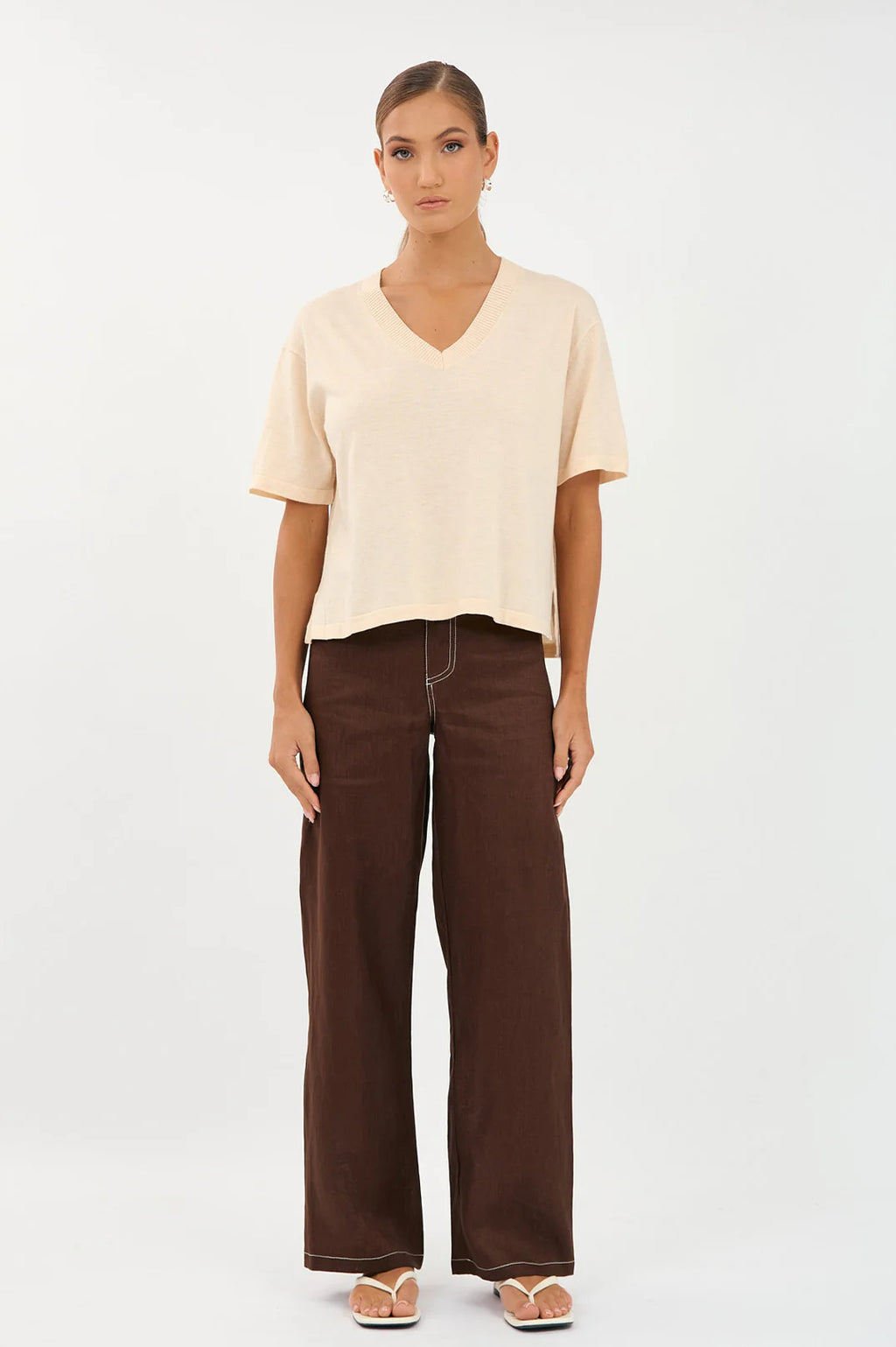 Adorne Laney Short Sleeve V Neck Light Weight Knit Top AJD1901