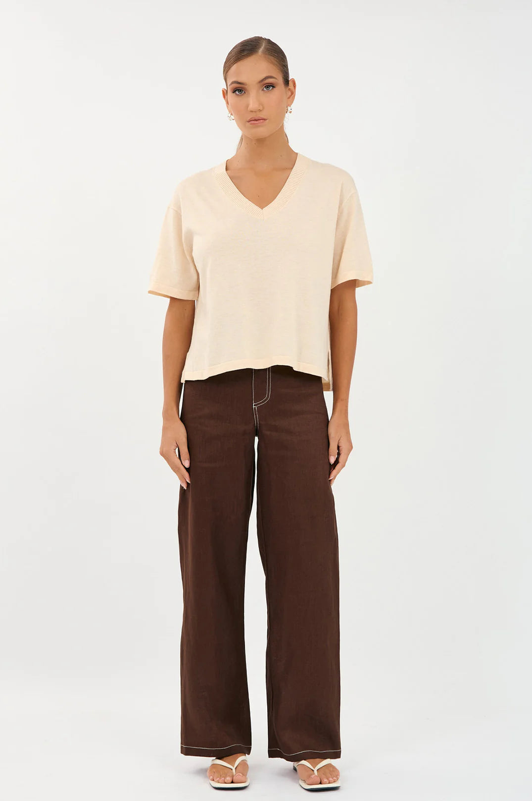 Adorne Laney Short Sleeve V Neck Light Weight Knit Top AJD1901