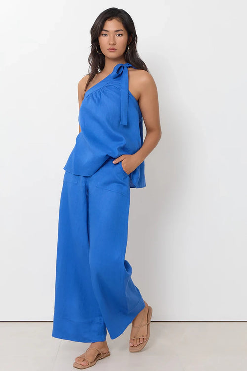 Adorne Frida One Shoulder Tie Linen Top - Blue AJD2271