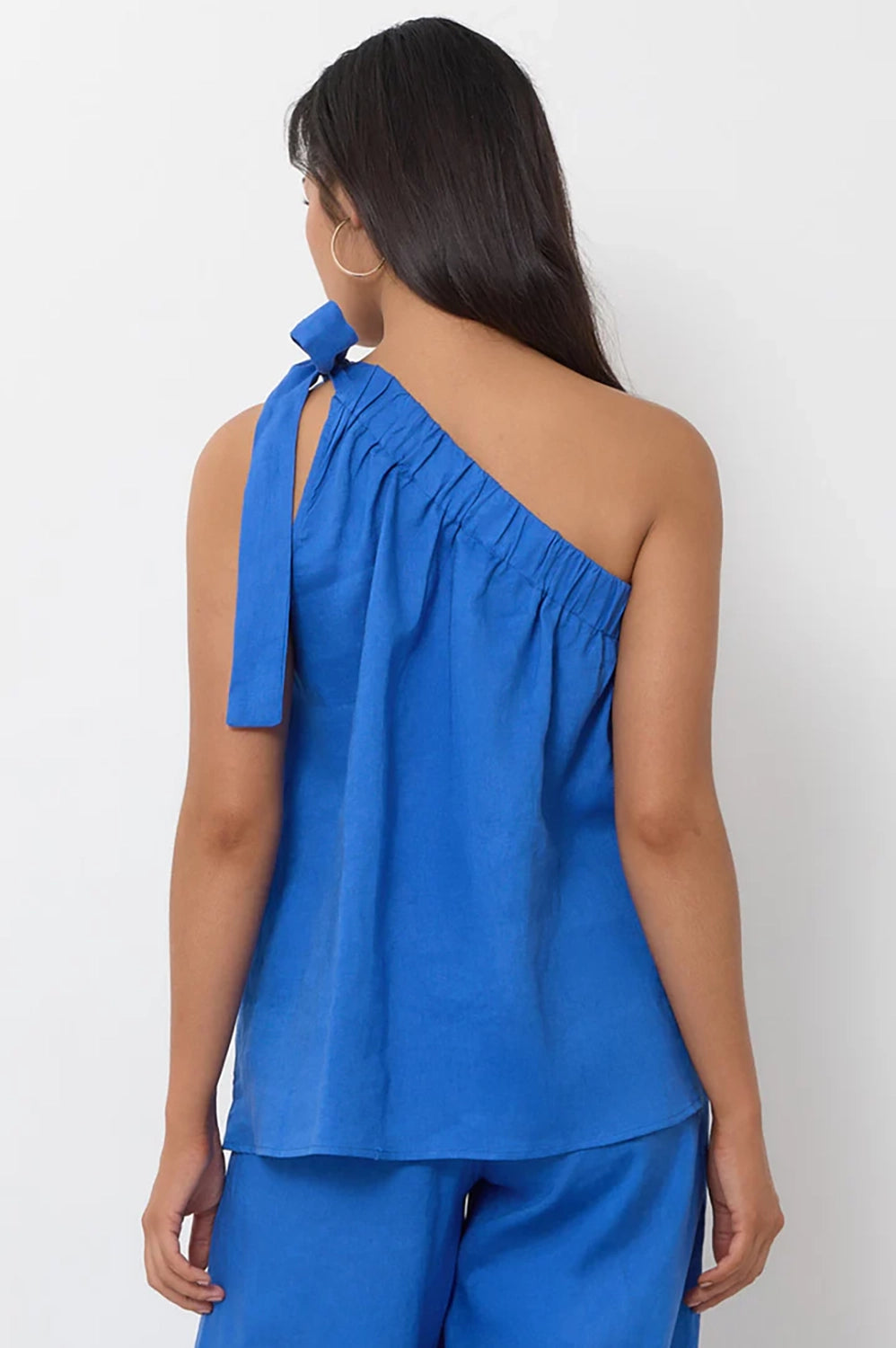 Adorne Frida One Shoulder Tie Linen Top - Blue AJD2271