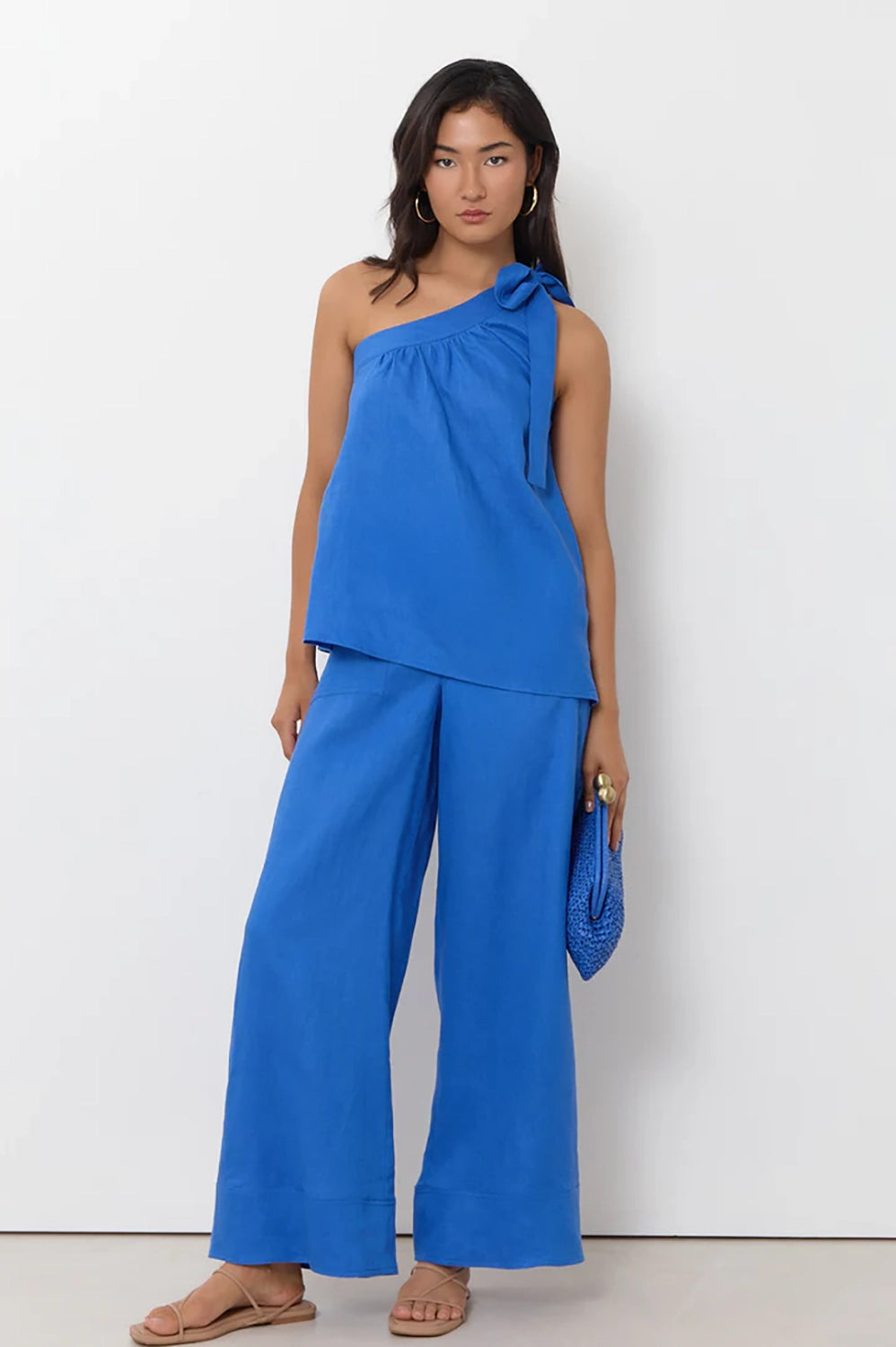 Adorne Frida One Shoulder Tie Linen Top - Blue AJD2271