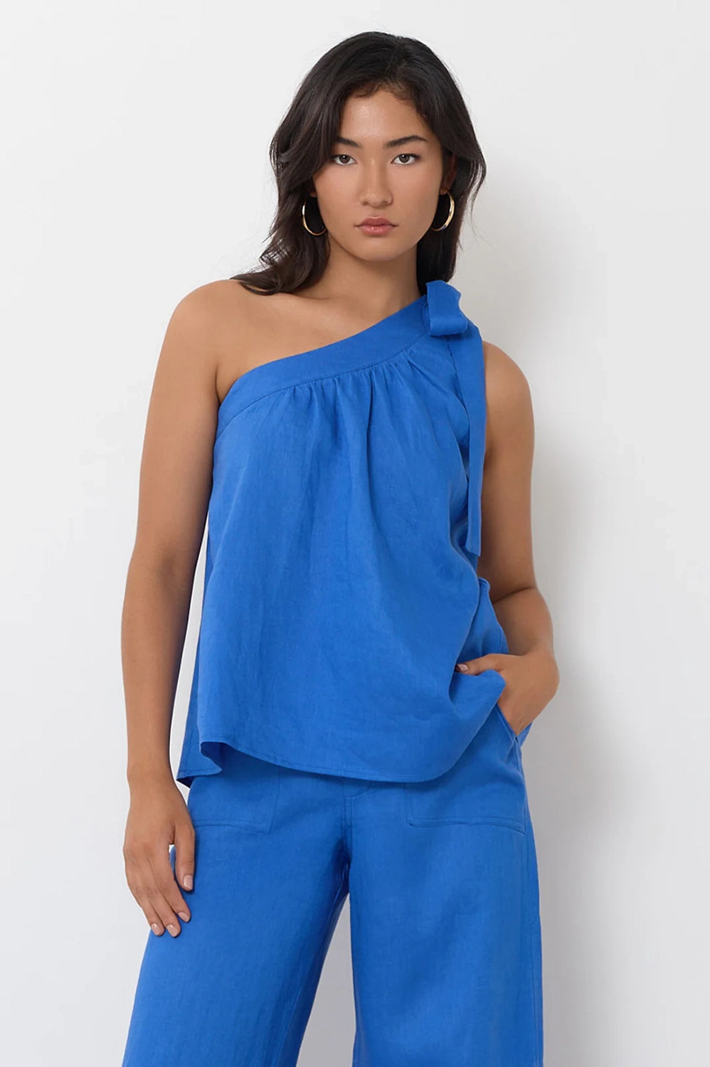 Adorne Frida One Shoulder Tie Linen Top - Blue AJD2271