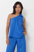 Adorne Frida One Shoulder Tie Linen Top - Blue AJD2271