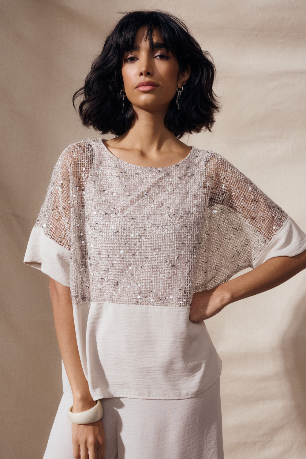 Joseph Ribkoff Sequined Mesh and Gauze Boxy Top 262256